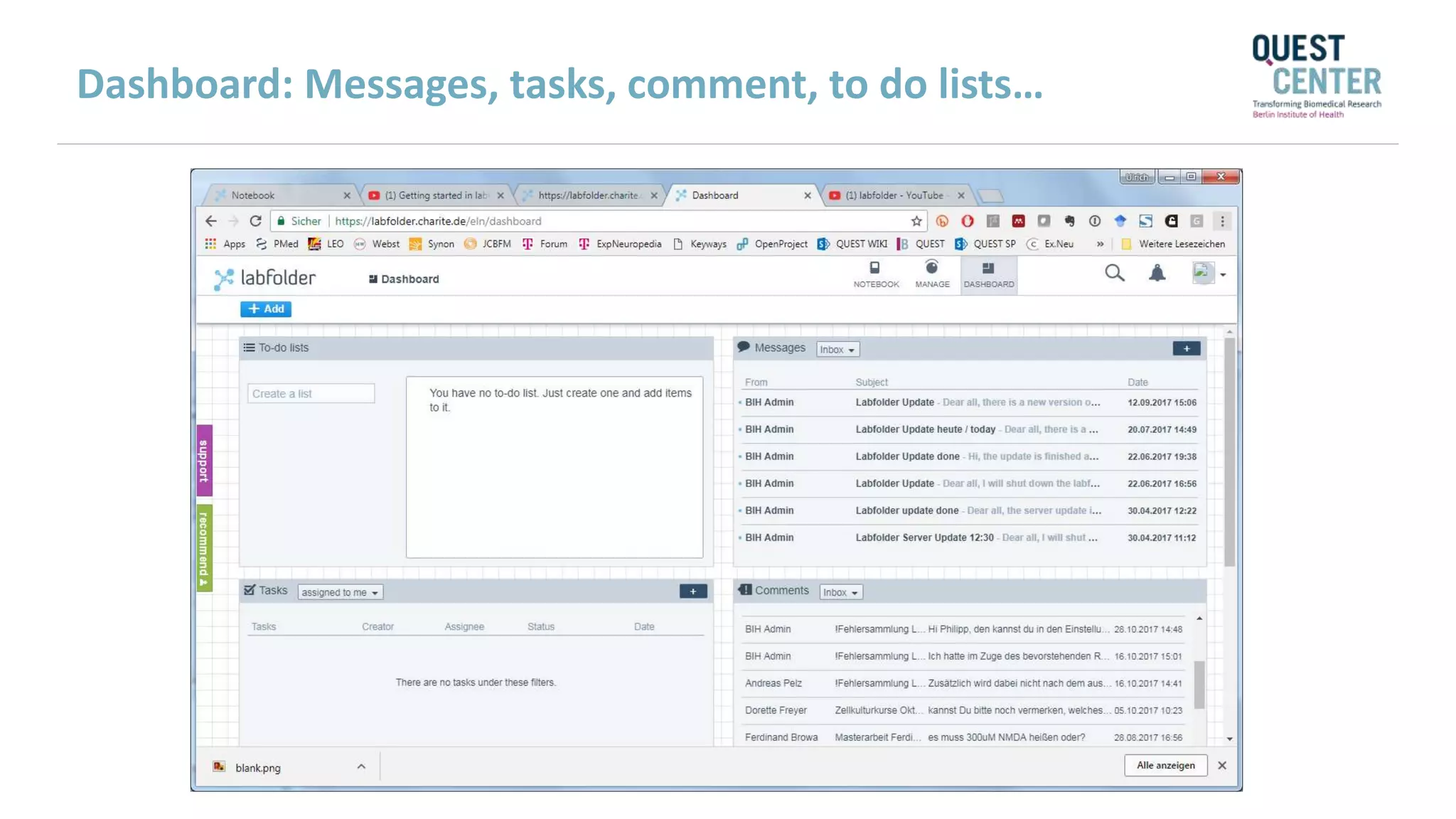 Dashboard: Messages, tasks, comment, to do lists…
 