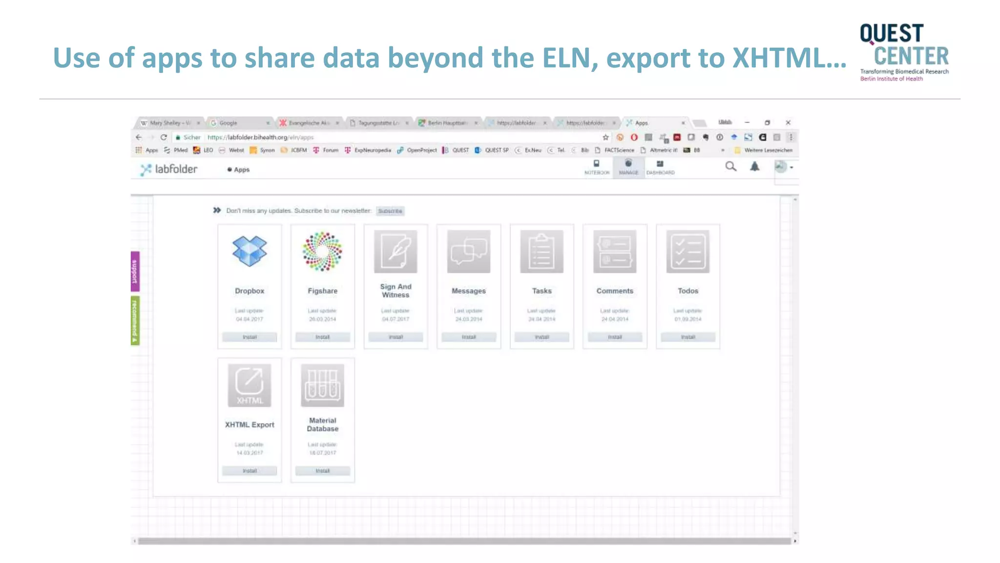 Use of apps to share data beyond the ELN, export to XHTML…
 