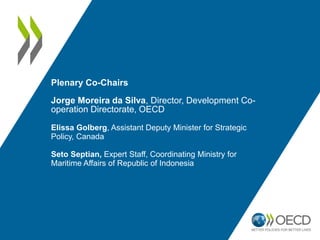 Plenary Co-Chairs
Jorge Moreira da Silva, Director, Development Co-
operation Directorate, OECD
Elissa Golberg, Assistant Deputy Minister for Strategic
Policy, Canada
Seto Septian, Expert Staff, Coordinating Ministry for
Maritime Affairs of Republic of Indonesia
 