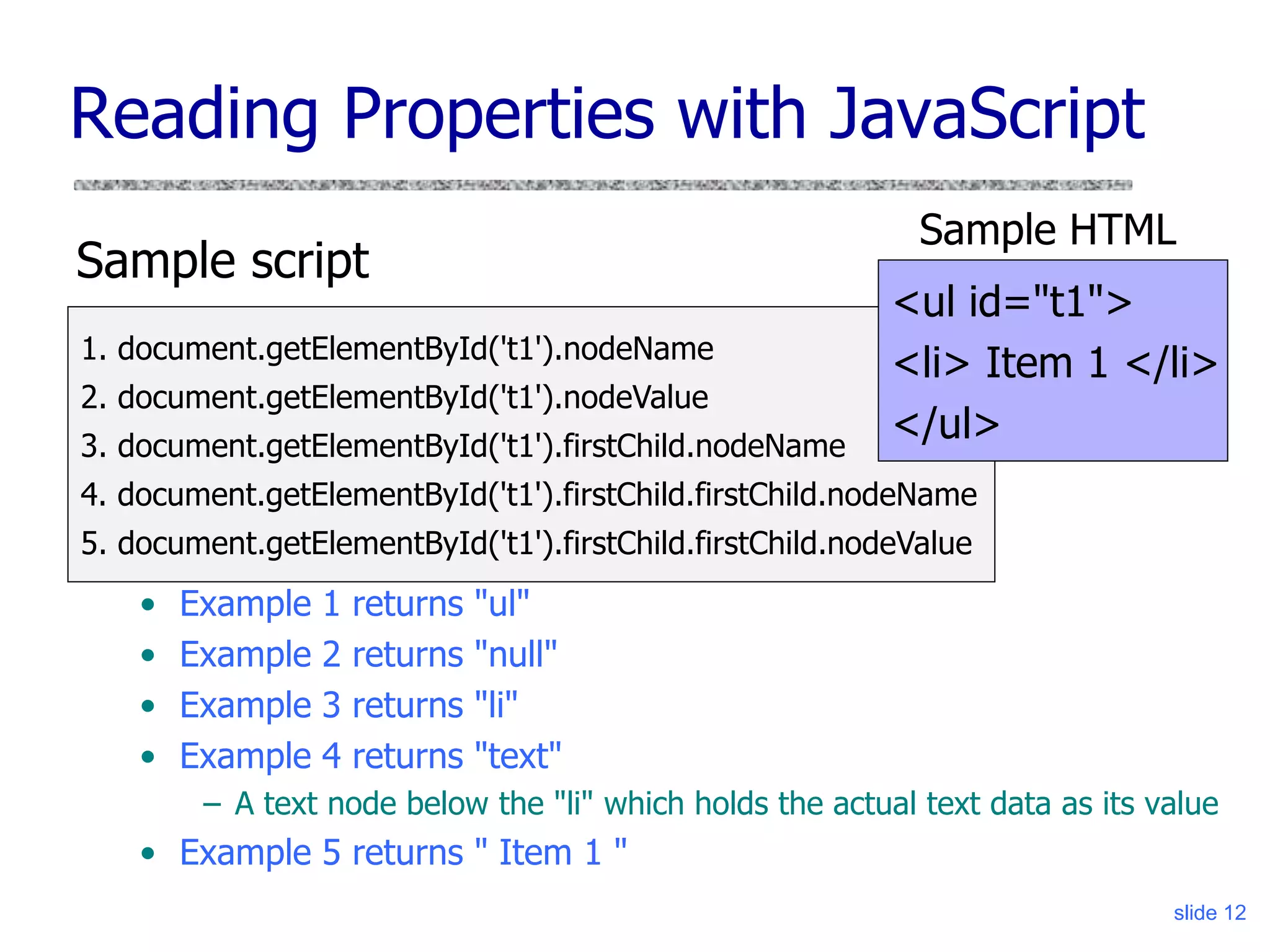 slide 12
Reading Properties with JavaScript
Sample script
• Example 1 returns "ul"
• Example 2 returns "null"
• Example 3 returns "li"
• Example 4 returns "text"
– A text node below the "li" which holds the actual text data as its value
• Example 5 returns " Item 1 "
1. document.getElementById('t1').nodeName
2. document.getElementById('t1').nodeValue
3. document.getElementById('t1').firstChild.nodeName
4. document.getElementById('t1').firstChild.firstChild.nodeName
5. document.getElementById('t1').firstChild.firstChild.nodeValue
<ul id="t1">
<li> Item 1 </li>
</ul>
Sample HTML
 