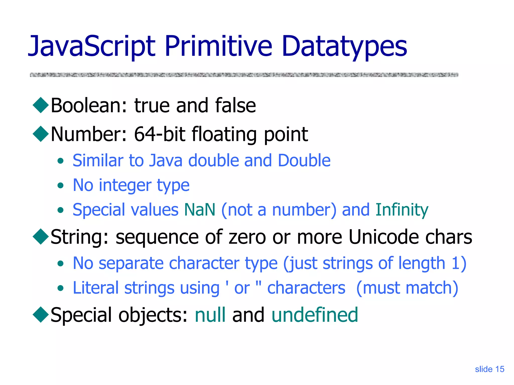 slide 15
JavaScript Primitive Datatypes
Boolean: true and false
Number: 64-bit floating point
• Similar to Java double and Double
• No integer type
• Special values NaN (not a number) and Infinity
String: sequence of zero or more Unicode chars
• No separate character type (just strings of length 1)
• Literal strings using ' or " characters (must match)
Special objects: null and undefined
 