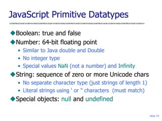 slide 15
JavaScript Primitive Datatypes
Boolean: true and false
Number: 64-bit floating point
• Similar to Java double and Double
• No integer type
• Special values NaN (not a number) and Infinity
String: sequence of zero or more Unicode chars
• No separate character type (just strings of length 1)
• Literal strings using ' or " characters (must match)
Special objects: null and undefined
 