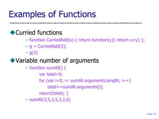 slide 18
Examples of Functions
Curried functions
– function CurriedAdd(x) { return function(y){ return x+y} };
– g = CurriedAdd(2);
– g(3)
Variable number of arguments
– function sumAll() {
var total=0;
for (var i=0; i< sumAll.arguments.length; i++)
total+=sumAll.arguments[i];
return(total); }
– sumAll(3,5,3,5,3,2,6)
 
