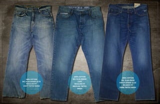 100% COTTON
3X1 SLUB DENIM 12 OZ
REGULAR FIT
LIGHT TINTED WASH
100% COTTON
3X1 SLUB DENIM
12OZ
REGULAR FIT
MEDIUM TINTED
WASH
100% COTTON
3X1 SLUB CROSS
HATCH DENIM 12 OZ
RELAXED FIT
DARK TINTED WASH
 