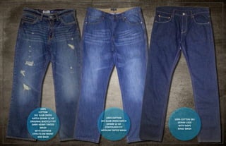 100%
COTTON
3X1 SLUB CROSS
HATCH DENIM 12 OZ
ORIGINAL BOOTCUT FIT
DARK HEAVY TINTED
WASH
WITH DISTRESS
EFFECTS ON FRONT
AND BACK
100% COTTON
3X1 SLUB CROSS HATCH
DENIM 12 OZ
CONTOURED FIT
MEDIUM TINTED WASH
100% COTTON 3X1
DENIM 13OZ
WITH NAPS
RINSE WASH
 