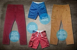 100% COTTON
3X1 S TWILL 9 OZ
GARMENT PIGMENT
DYED
ENZYME WASHED
3D RESIN FRONT AND
BACK KNEE WHISKERS
100% COTTON
BABY RIPSTOP 9 OZ
GARMENT PIGMENT
DYED
ENZYME WASHED
TWIN CARGO POCKETS
POCKET FLAPS
100% COTTON
3X1 TWILL 85OZ
ENZYME WASHED
TWIN CARGO POCKETS
POCKET FLAPS
100% COTTON
3X1 TWILL 8.5OZ
ENZYME WASHED
FLAT FRONT SHORT
 