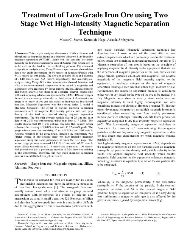 Treatment Of Low Grade Iron Ore Using Two Stage Wet High Intensity Ma