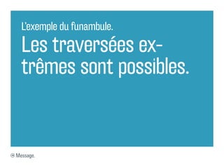 L’exemple du funambule.

  Les traversées ex-
  trêmes sont possibles.


Message.
 