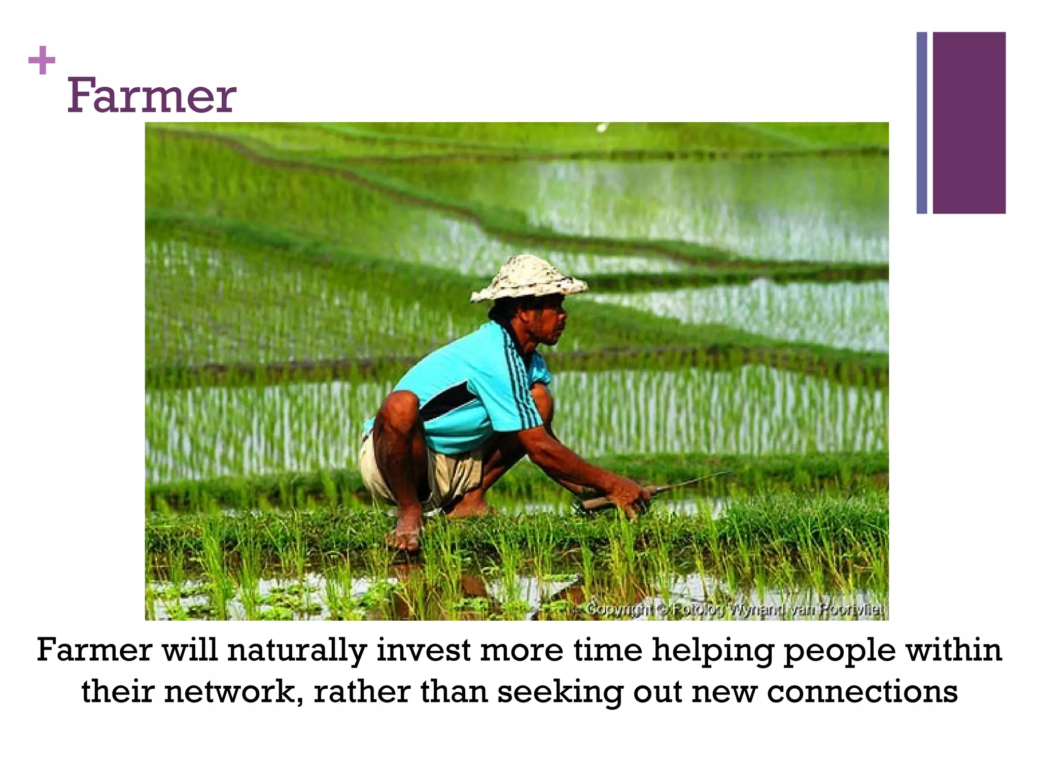 +
    Farmer




Farmer will naturally invest more time helping people within
  their network, rather than seeking out new connections
 