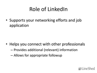 Role of LinkedIn
• Supports your networking efforts and job
  application



• Helps you connect with other professionals
  – Provides additional (relevant) information
  – Allows for appropriate followup
 