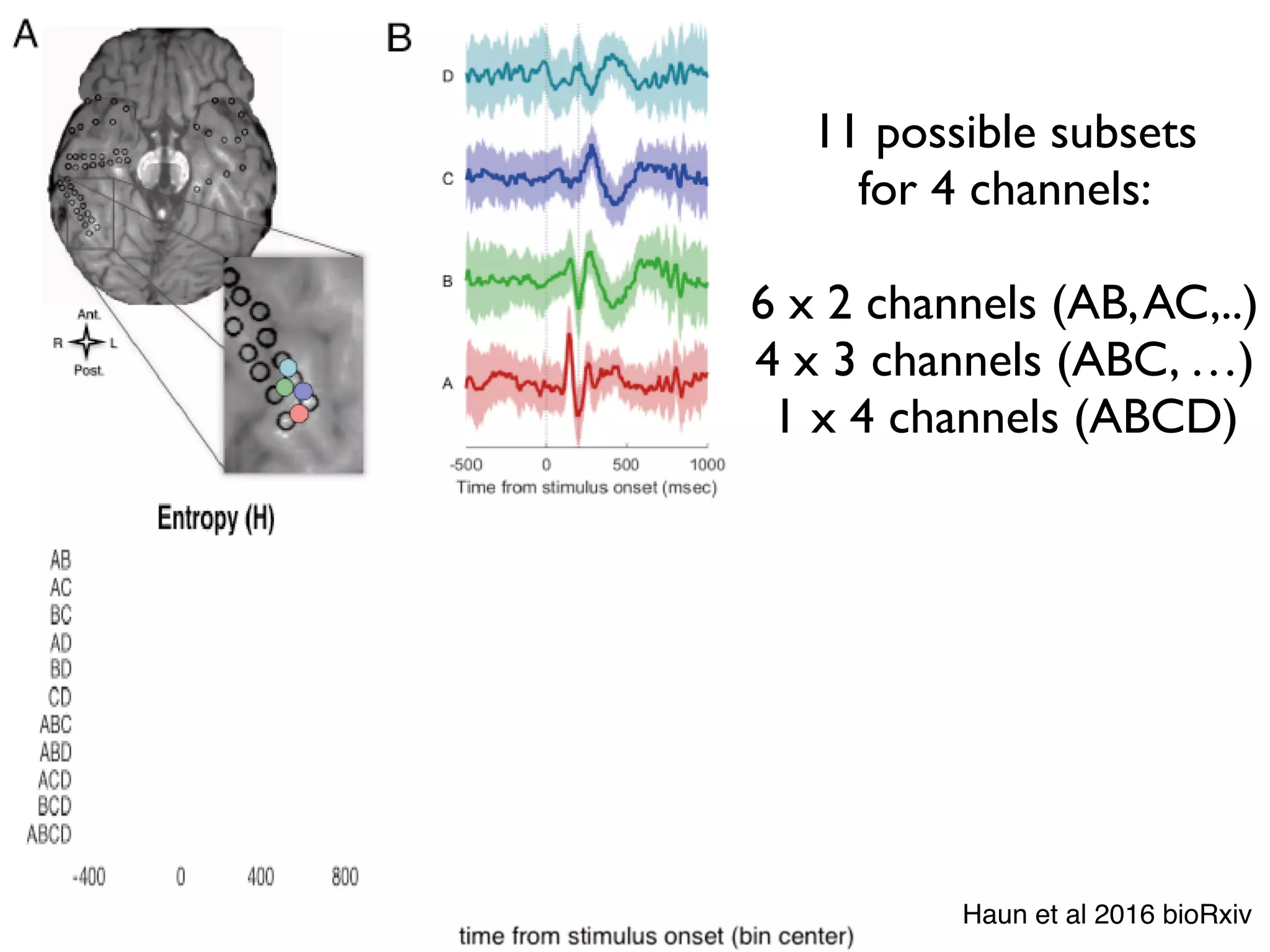 Mutual information between present and past (tau=6-10 ms)
−400 −200 0 200 400 600 800
5
5.2
5.4
5.6
H/chan
−400 −200 0 200 400 600 800
4.2
4.4
4.6
4.8
H
cond
/chan
−400 −200 0 200 400 600 800
0.6
0.8
1
MI/chan
1
H ≈ log|Σ|
I = H - HCOND
HCOND
I*
−400 −200 0 200 400 600 800
4.2
4.4
4.6
4.8
Hcond
/chan
−400 −200 0 200 400 600 800
0.6
0.8
1
MI/chan
−400 −200 0 200 400 600 800
0.6
0.8
1
I*/chan
−400 −200 0 200 400 600 800
0
0.2
0.4
phi*
time from I onset
I = H - HCOND
φ* = I - I*
HCOND
I*
Haun et al 2016 bioRxiv
11 possible subsets
for 4 channels:
6 x 2 channels (AB,AC,..)
4 x 3 channels (ABC, …)
1 x 4 channels (ABCD)
 