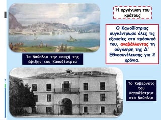 Ο Καποδίστριας
συγκέντρωσε όλες τις
εξουσίες στο πρόσωπό
του, αναβάλλοντας τη
σύγκληση της Δ΄
Εθνοσυνέλευσης για 2
χρόνια.
Η οργάνωση του
κράτους
Το Ναύπλιο την εποχή της
άφιξης του Καποδίστρια
Το Κυβερνείο
του
Καποδίστρια
στο Ναύπλιο
 