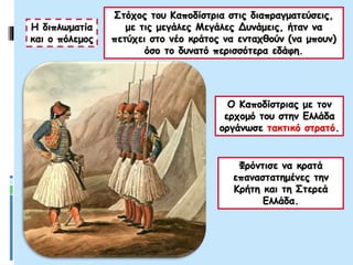 Η διπλωματία
και ο πόλεμος
Στόχος του Καποδίστρια στις διαπραγματεύσεις,
με τις μεγάλες Μεγάλες Δυνάμεις, ήταν να
πετύχει στο νέο κράτος να ενταχθούν (να μπουν)
όσο το δυνατό περισσότερα εδάφη.
Ο Καποδίστριας με τον
ερχομό του στην Ελλάδα
οργάνωσε τακτικό στρατό.
Φρόντισε να κρατά
επαναστατημένες την
Κρήτη και τη Στερεά
Ελλάδα.
 