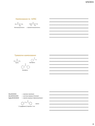 4/9/2015
4
Наименования по IUPAC
Метилизопропилкетон a-Бромоетилизопропилкетон
CH3 C
O
CH
CH3
CH3 CH3CH C
O
CH
CH3
CH3
Br
Тривиални наименования
CH3 C
O
CH3
C
CH3
O
C
O
Ацетон Ацетофенон
Бензофенон
 