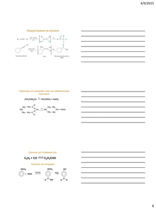 4/9/2015
8
Хидратиране на алкини
Пиролиза на калциеви соли на карбоксилови
киселини
t o
+ CaCO3
O
O
Ca
CH2 C
O
CH2
CH2
CH2 CCH2
O
CH2
CO
CH2
CH2
CH2
CH2
(CH3COO)2Ca CH3COCH3 + CaCО3
t 
Синтеза на Гатерман-Кох
Синтеза на Гатерман
+ HCN + HCl
OCH3
H2O
OCH3
C
NHH
OH
C
OH
AlCl3
C6H6 + CO C6H5CHOAlCl3/HCl
AlCl3/HCl
 