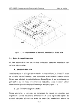 USP – EESC – Departamento de Engenharia de Estruturas Lajes nervuradas
17.3
Figura 17.2 – Comportamento de laje como diafragma (EL DEBS, 2000)
3.1. Tipos de Lajes Nervuradas
As lajes nervuradas podem ser moldadas no local ou podem ser executadas com
nervuras pré-moldadas.
a) Laje moldada no local
Todas as etapas de execução são realizadas "in loco". Portanto, é necessário o uso
de fôrmas e de escoramentos, além do material de enchimento. Pode-se utilizar
fôrmas para substituir os materiais inertes. Essas fôrmas já são encontradas em
polipropileno ou em metal, com dimensões moduladas, sendo necessário utilizar
desmoldantes iguais aos empregados nas lajes maciças (Figura 17.3).
b) Laje com nervuras pré-moldadas
Nessa alternativa, as nervuras são compostas de vigotas pré-moldadas, que
dispensam o uso do tabuleiro da fôrma tradicional. Essas vigotas são capazes de
suportar seu peso próprio e as ações de construção, necessitando apenas de
 