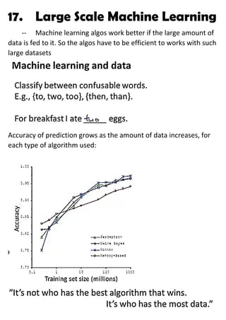 17. Large Scale Machine Learning
-- Machine learning algos work better if the large amount of
data is fed to it. So the algos have to be efficient to works with such
large datasets
Accuracy of prediction grows as the amount of data increases, for
each type of algorithm used:
 