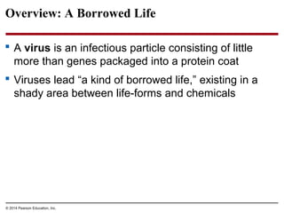 © 2014 Pearson Education, Inc.
Overview: A Borrowed Life
 A virus is an infectious particle consisting of little
more than genes packaged into a protein coat
 Viruses lead “a kind of borrowed life,” existing in a
shady area between life-forms and chemicals
 