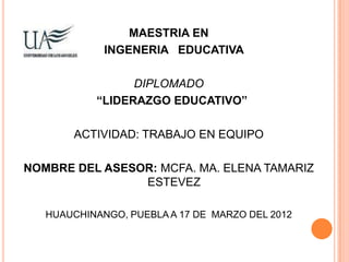 MAESTRIA EN
             INGENERIA EDUCATIVA

                 DIPLOMADO
           “LIDERAZGO EDUCATIVO”

       ACTIVIDAD: TRABAJO EN EQUIPO

NOMBRE DEL ASESOR: MCFA. MA. ELENA TAMARIZ
                ESTEVEZ

   HUAUCHINANGO, PUEBLA A 17 DE MARZO DEL 2012
 