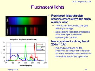 Spring 2006
UCSD: Physics 8; 2006
17
Fluorescent lights
Fluorescent lights
• Fluorescent lights stimulate
Fluorescent lights stimulate
emission among atoms like argon,
emission among atoms like argon,
mercury, neon
mercury, neon
– they do this by ionizing the gas
with high voltage
– as electrons recombine with ions,
they emit light at discrete
wavelengths, or lines
• Mercury puts out a strong line at
Mercury puts out a strong line at
254 nm (UV)
254 nm (UV)
– this and other lines hit the
phosphor coating on the inside of
the tube and stimulate emission in
the visible part of the spectrum
 