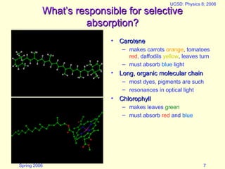 Spring 2006
UCSD: Physics 8; 2006
7
What’s responsible for selective
What’s responsible for selective
absorption?
absorption?
• Carotene
Carotene
– makes carrots orange, tomatoes
red, daffodils yellow, leaves turn
– must absorb blue light
• Long, organic molecular chain
Long, organic molecular chain
– most dyes, pigments are such
– resonances in optical light
• Chlorophyll
Chlorophyll
– makes leaves green
– must absorb red and blue
 