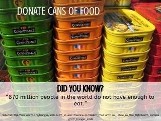 DONATE CANS OF FOOD
“870 million people in the world do not have enough to
eat.”
Source:http://www.wfp.org/hunger/stats?utm_source=freerice.com&utm_medium=link_latest_in_the_fight&utm_campai
gn=fr_hunger_stats
 