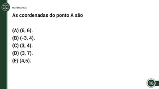 As coordenadas do ponto A são
(A) (6, 6).
(B) (-3, 4).
(C) (3, 4).
(D) (3, 7).
(E) (4,5).
16
MATEMÁTICA
 