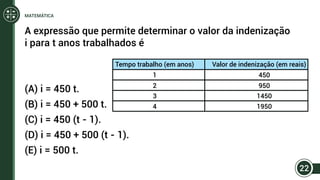 A expressão que permite determinar o valor da indenização
i para t anos trabalhados é
(A) i = 450 t.
(B) i = 450 + 500 t.
(C) i = 450 (t - 1).
(D) i = 450 + 500 (t - 1).
(E) i = 500 t.
Tempo trabalho (em anos)
1
2
3
4
450
950
1450
1950
Valor de indenização (em reais)
22
MATEMÁTICA
 