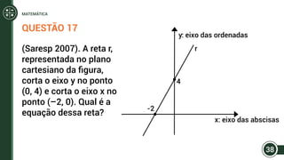 QUESTÃO 17
(Saresp 2007). A reta r,
representada no plano
cartesiano da figura,
corta o eixo y no ponto
(0, 4) e corta o eixo x no
ponto (–2, 0). Qual é a
equação dessa reta?
y: eixo das ordenadas
r
4
-2
x: eixo das abscisas
38
MATEMÁTICA
 