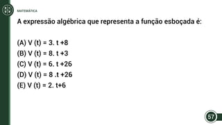 A expressão algébrica que representa a função esboçada é:
(A) V (t) = 3. t +8
(B) V (t) = 8. t +3
(C) V (t) = 6. t +26
(D) V (t) = 8 .t +26
(E) V (t) = 2. t+6
57
MATEMÁTICA
 