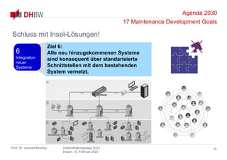 Agenda 2030
17 Maintenance Development Goals
Prof. Dr. Lennart Brumby Instandhaltungstage 2023
Essen, 15. Februar 2023
16
Schluss mit Insel-Lösungen!
Ziel 6:
Alle neu hinzugekommenen Systeme
sind konsequent über standarisierte
Schnittstellen mit dem bestehenden
System vernetzt.
6
Integration
neuer
Systeme
 
