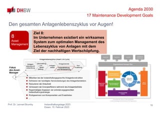 Agenda 2030
17 Maintenance Development Goals
Prof. Dr. Lennart Brumby Instandhaltungstage 2023
Essen, 15. Februar 2023
18
Den gesamten Anlagenlebenszyklus vor Augen!
Ziel 8:
Im Unternehmen existiert ein wirksames
System zum optimalen Management des
Lebenszyklus von Anlagen mit dem
Ziel der nachhaltigen Wertschöpfung.
8
Asset
Management
 