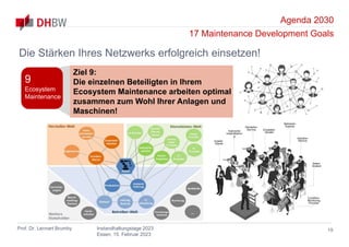 Agenda 2030
17 Maintenance Development Goals
Prof. Dr. Lennart Brumby Instandhaltungstage 2023
Essen, 15. Februar 2023
19
Die Stärken Ihres Netzwerks erfolgreich einsetzen!
Ziel 9:
Die einzelnen Beteiligten in Ihrem
Ecosystem Maintenance arbeiten optimal
zusammen zum Wohl Ihrer Anlagen und
Maschinen!
9
Ecosystem
Maintenance
Hersteller-
Service Ersatzteil-
händler
Netzwerk-
Experte
Entstör
-Dienst
Autonome
Instandhaltun
g
Industrie-
Service
Daten-
Analyst
Condition-
Monitoring
Provider
 