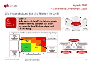 Agenda 2030
17 Maintenance Development Goals
Prof. Dr. Lennart Brumby Instandhaltungstage 2023
Essen, 15. Februar 2023
22
Die Instandhaltung hat alle Risiken im Griff!
Ziel 12:
Alle wesentlichen Entscheidungen der
Instandhaltung basieren auf einer
systematischen Risikoanalyse und
–bewertung.
12
Risiko-
basierte IH
 