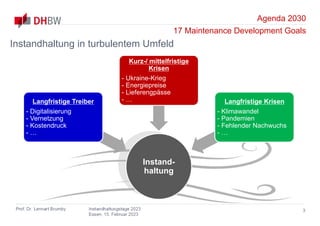 Agenda 2030
17 Maintenance Development Goals
Prof. Dr. Lennart Brumby Instandhaltungstage 2023
Essen, 15. Februar 2023
Instand-
haltung
Langfristige Treiber
- Digitalisierung
- Vernetzung
- Kostendruck
- …
Kurz-/ mittelfristige
Krisen
- Ukraine-Krieg
- Energiepreise
- Lieferengpässe
- … Langfristige Krisen
- Klimawandel
- Pandemien
- Fehlender Nachwuchs
- …
3
Instandhaltung in turbulentem Umfeld
 