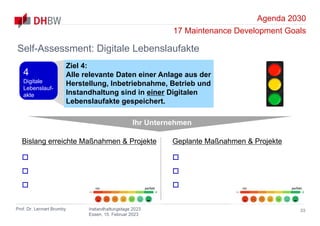 Agenda 2030
17 Maintenance Development Goals
Prof. Dr. Lennart Brumby Instandhaltungstage 2023
Essen, 15. Februar 2023
33
Self-Assessment: Digitale Lebenslaufakte
Ihr Unternehmen
Bislang erreichte Maßnahmen & Projekte



Geplante Maßnahmen & Projekte



nix perfekt nix perfekt
Ziel 4:
Alle relevante Daten einer Anlage aus der
Herstellung, Inbetriebnahme, Betrieb und
Instandhaltung sind in einer Digitalen
Lebenslaufakte gespeichert.
4
Digitale
Lebenslauf-
akte
 