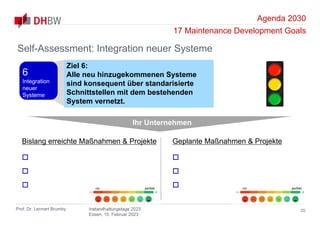 Agenda 2030
17 Maintenance Development Goals
Prof. Dr. Lennart Brumby Instandhaltungstage 2023
Essen, 15. Februar 2023
35
Self-Assessment: Integration neuer Systeme
Ihr Unternehmen
Bislang erreichte Maßnahmen & Projekte



Geplante Maßnahmen & Projekte



nix perfekt nix perfekt
Ziel 6:
Alle neu hinzugekommenen Systeme
sind konsequent über standarisierte
Schnittstellen mit dem bestehenden
System vernetzt.
6
Integration
neuer
Systeme
 