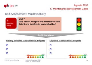 Agenda 2030
17 Maintenance Development Goals
Prof. Dr. Lennart Brumby Instandhaltungstage 2023
Essen, 15. Februar 2023
36
Self-Assessment: Maintainability
Ihr Unternehmen
Bislang erreichte Maßnahmen & Projekte



Geplante Maßnahmen & Projekte



nix perfekt nix perfekt
Ziel 7:
Alle neuen Anlagen und Maschinen sind
leicht und langfristig instandhaltbar!
7
Maintain-
ability
 