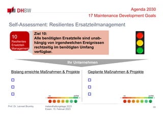 Agenda 2030
17 Maintenance Development Goals
Prof. Dr. Lennart Brumby Instandhaltungstage 2023
Essen, 15. Februar 2023
39
Self-Assessment: Resilientes Ersatzteilmanagement
Ihr Unternehmen
Bislang erreichte Maßnahmen & Projekte



Geplante Maßnahmen & Projekte



nix perfekt nix perfekt
Ziel 10:
Alle benötigten Ersatzteile sind unab-
hängig von irgendwelchen Ereignissen
rechtzeitig im benötigten Umfang
verfügbar.
10
Resilientes
Ersatzteil-
Management
 