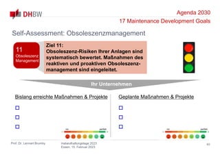 Agenda 2030
17 Maintenance Development Goals
Prof. Dr. Lennart Brumby Instandhaltungstage 2023
Essen, 15. Februar 2023
40
Self-Assessment: Obsoleszenzmanagement
Ihr Unternehmen
Bislang erreichte Maßnahmen & Projekte



Geplante Maßnahmen & Projekte



nix perfekt nix perfekt
Ziel 11:
Obsoleszenz-Risiken Ihrer Anlagen sind
systematisch bewertet. Maßnahmen des
reaktiven und proaktiven Obsoleszenz-
management sind eingeleitet.
11
Obsoleszenz
Management
 