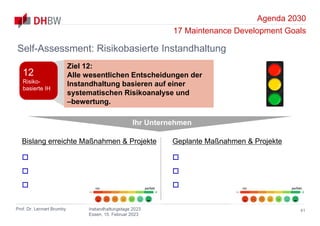 Agenda 2030
17 Maintenance Development Goals
Prof. Dr. Lennart Brumby Instandhaltungstage 2023
Essen, 15. Februar 2023
41
Self-Assessment: Risikobasierte Instandhaltung
Ihr Unternehmen
Bislang erreichte Maßnahmen & Projekte



Geplante Maßnahmen & Projekte



nix perfekt nix perfekt
Ziel 12:
Alle wesentlichen Entscheidungen der
Instandhaltung basieren auf einer
systematischen Risikoanalyse und
–bewertung.
12
Risiko-
basierte IH
 