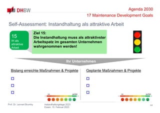 Agenda 2030
17 Maintenance Development Goals
Prof. Dr. Lennart Brumby Instandhaltungstage 2023
Essen, 15. Februar 2023
44
Self-Assessment: Instandhaltung als attraktive Arbeit
Ihr Unternehmen
Bislang erreichte Maßnahmen & Projekte



Geplante Maßnahmen & Projekte



nix perfekt nix perfekt
Ziel 15:
Die Instandhaltung muss als attraktivster
Arbeitspatz im gesamten Unternehmen
wahrgenommen werden!
15
IH als
attraktive
Arbeit
 