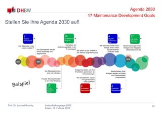 Agenda 2030
17 Maintenance Development Goals
Prof. Dr. Lennart Brumby Instandhaltungstage 2023
Essen, 15. Februar 2023
50
Stellen Sie Ihre Agenda 2030 auf!
2023 2024
2030
Ihre Mitarbeiter:innen
nutzen mobile IT
Ihre Dienstleister werden
online beauftragt und
abgerechnet
Ihre Mitarbeiter:innen
sind voll zufrieden
Sie haben die
Ausbildungsplätze in der
IH verdoppelt
Sie bilden an der DHBW im
SG Service Engineering aus
Flexible Arbeitszeitmodell
in der Instandhaltung
Anlagenhersteller und Ihre
IH arbeiten gemeinsam an
Verbesserungen
Ihre Dienstleister nutzen
eine gemeinsame
Datenplattform
Alle relevante Daten einer
Anlage sind in einer
standardisierten
zentralen Datei
Modernisierungen Ihrer
Anlagen sind integraler
Bestandteil Ihrer IH
Restlaufzeiten Ihrer
Anlagen werden auf Basis
von Zustandsdaten
prognostiziert
 