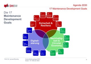 Agenda 2030
17 Maintenance Development Goals
Prof. Dr. Lennart Brumby Instandhaltungstage 2023
Essen, 15. Februar 2023
8
Sicherheit &
Resilienz
Nachhaltig-
keit &
Circular
Economy
Digitali-
sierung
Die 17
Maintenance
Development
Goals
 