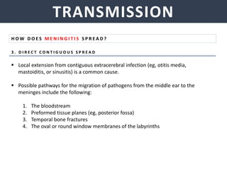 TRANSMISSION
H O W D O E S M E N I N G I T I S S P R E A D ?
3 . D I R E C T C O N T I G U O U S S P R E A D
 Local extension from contiguous extracerebral infection (eg, otitis media,
mastoiditis, or sinusitis) is a common cause.
 Possible pathways for the migration of pathogens from the middle ear to the
meninges include the following:
1. The bloodstream
2. Preformed tissue planes (eg, posterior fossa)
3. Temporal bone fractures
4. The oval or round window membranes of the labyrinths
 