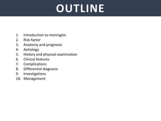 OUTLINE
1. Introduction to meningitis
2. Risk factor
3. Anatomy and prognosis
4. Aetiology
5. History and physical examination
6. Clinical features
7. Complications
8. Differential diagnosis
9. Investigations
10. Management
 