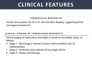 NEISSERIA MENINGITIDIS
CLINICAL FEATURES
Cranial nerve palsies (III, IV, V, VI, and VII) often develop, suggesting basilar
meningeal involvement.
Clinical staging of tuberculous meningitis is based on neurologic status, as
follows:
 Stage 1 - No change in mental function, with no deficits and no
hydrocephalus
 Stage 2 - Confusion and evidence of neurologic deficit
 Stage 3 - Stupor and lethargy
T U B E R C U L O U S M E N I N G I T I S
C L I N I C A L S TA G I N G O F T U B E R C U L O U S M E N I N G I T I S
 
