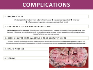 NEISSERIA MENINGITIDIS
COMPLICATIONS
1 . H E A R I N G L O S S
2 . C E R E B R A L O E D E M A A N D I N C R E A S E D I C P
4 . B R A I N A B S C E S S
4 . S T R O K E
Infections / inflammation from subarachnoid space  via cochlear aqueduct  inner ear
 Inflammatory response – damages cochlear (hair cells)
Cerebral edema may be vasogenic, from increased vascular permeability, cytotoxic from cerebral hypoxia, interstitial, from
increased CSF volume, or a combination of all. Increased intracranial pressure, in turn, causes decreased cerebral perfusion,
hypoxia/ischemia, and neuronal necrosis.
3 . D I S S E M I N AT E D I N T R A V A S C U L A R C O A G U L O PAT H Y ( D I C )
Bacterial products can damage the brain and blood vessels directly. Bacterial toxins cause neuronal apoptosis, and cell wall
lipopolysaccharide (endotoxin), released from bacteria, activates clotting causing disseminated intravascular coagulation (DIC).
 