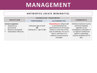 NEISSERIA MENINGITIDIS
MANAGEMENT
A N T I B I O T I C S ( A C U T E M E N I N G I T I S )
I N F E C T I O N
S U G G E S T E D T R E A T M E N T
C O M M E N T S
P R E F E R R E D A L T E R N A T I V E
Common organisms:
 Streptococcus
pneumoniae
 Neisseria meningitidis
 Haemophilus influenzae
Ceftriaxone 2gm IV q12h
OR
Cefotaxime 2 – 4gm IV q8h
Dexamethasone 10mg IV q6h
is recommended to be
administered 15 to 20 minutes
before or at the time of first
dose of antibiotics, for up to 4
days or until there is no
evidence of pneumococcal
meningitis.
Antibiotic treatment must be
started immediately,
regardless of any
investigations undertaken. If
no organism isolated and
patient is responding,
continue antibiotics for 14
days.
 