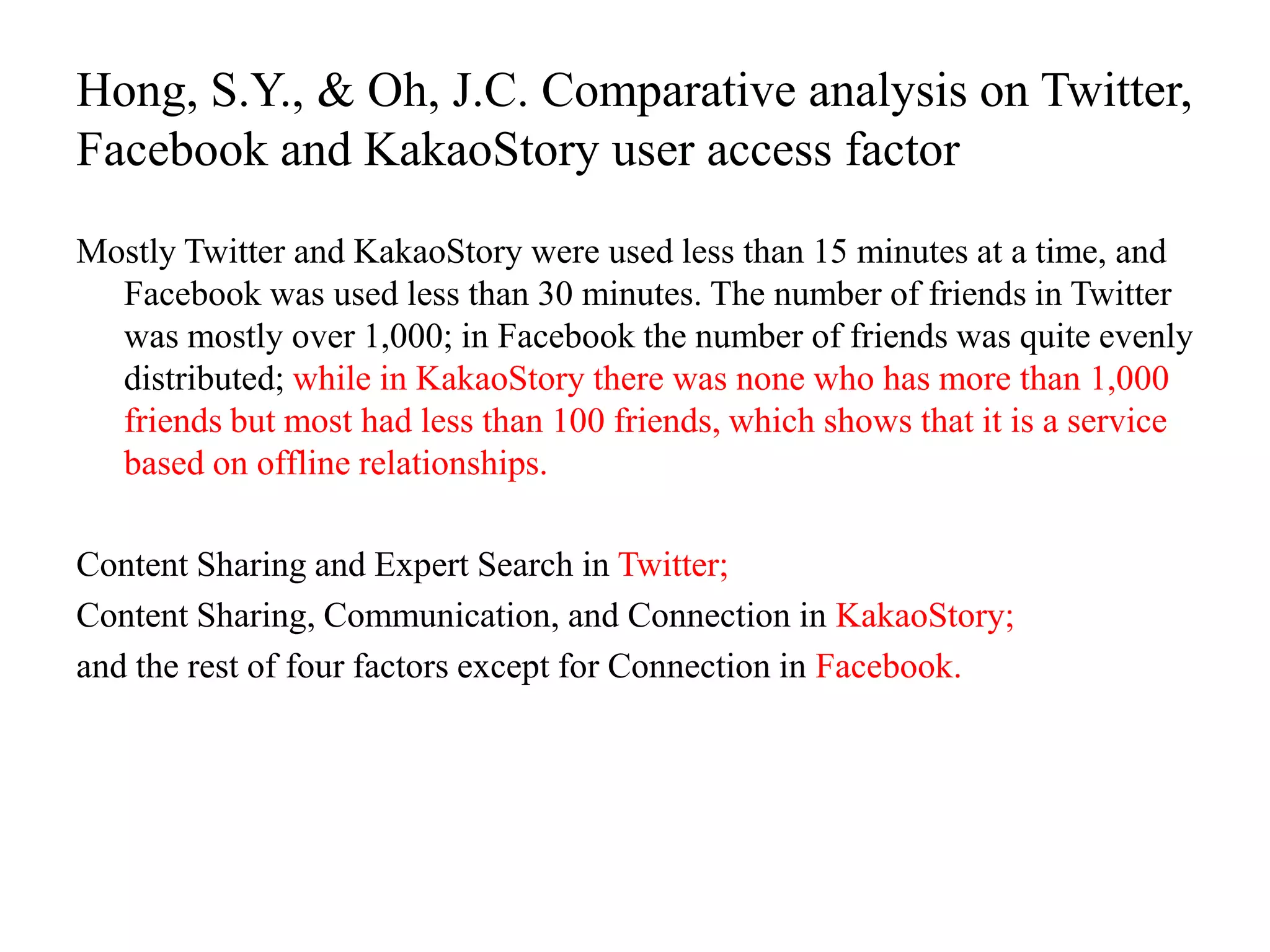 Hong, S.Y., & Oh, J.C. Comparative analysis on Twitter,
Facebook and KakaoStory user access factor
Mostly Twitter and KakaoStory were used less than 15 minutes at a time, and
Facebook was used less than 30 minutes. The number of friends in Twitter
was mostly over 1,000; in Facebook the number of friends was quite evenly
distributed; while in KakaoStory there was none who has more than 1,000
friends but most had less than 100 friends, which shows that it is a service
based on offline relationships.
Content Sharing and Expert Search in Twitter;
Content Sharing, Communication, and Connection in KakaoStory;
and the rest of four factors except for Connection in Facebook.
 